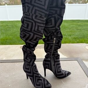 Black and Gray Patterned Knee-High Boots